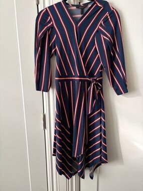 BCBGMaxAzria Navy Wrap Dress with Pink and White Stripes